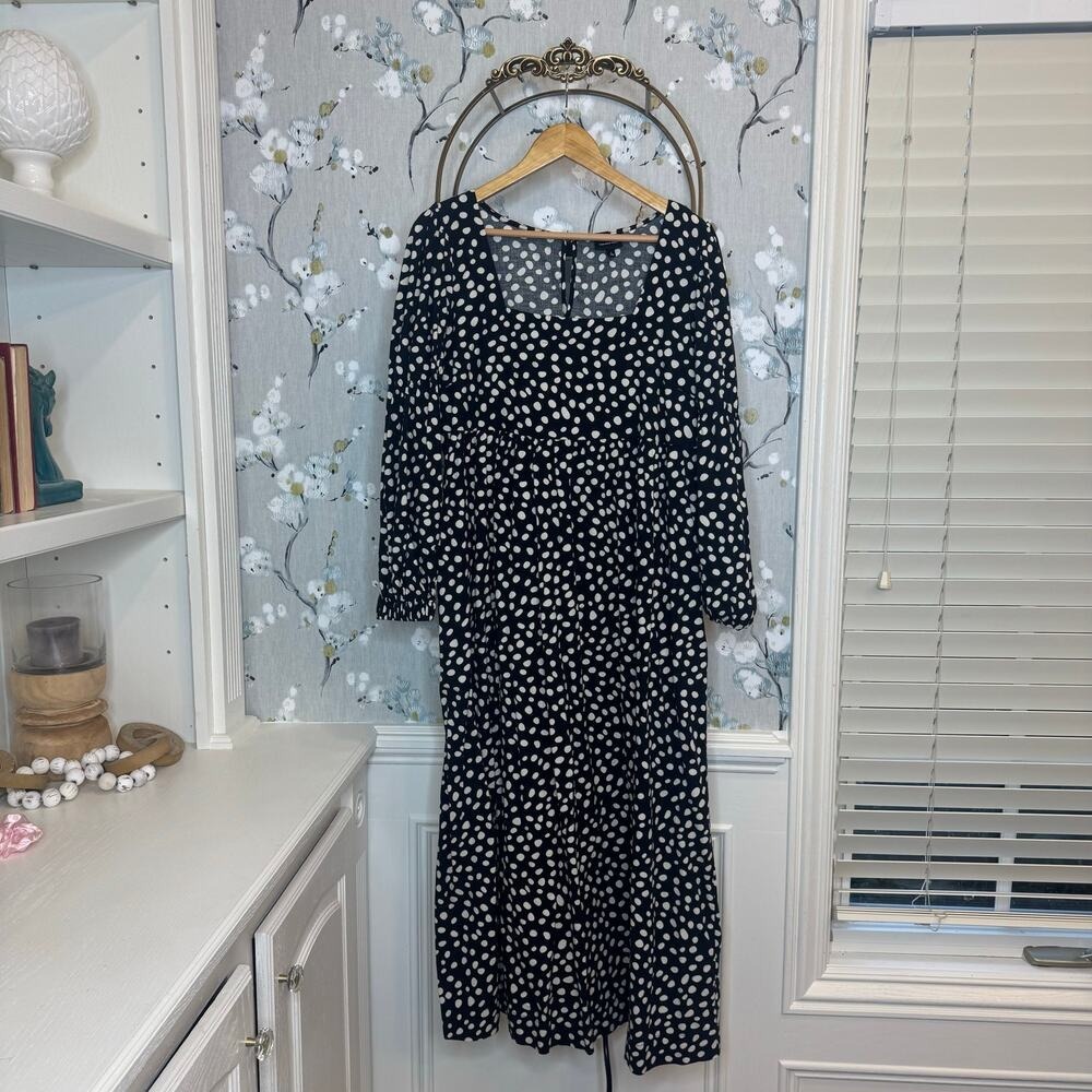 Who What Wear Polka Dot Square Neck Midi Dress Black White Long Sleeve Large - Picture 2 of 7